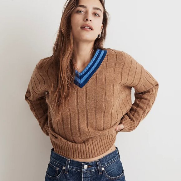 NWT Madewell Tipped V-Neck Oversized Sweater small brown heather caramel - Picture 2 of 6